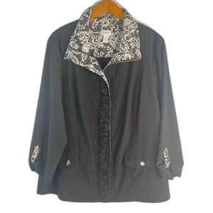 Chico's Zenergy Black Full Zip Floral Contrast Lightweight Jacket Size 3/LG